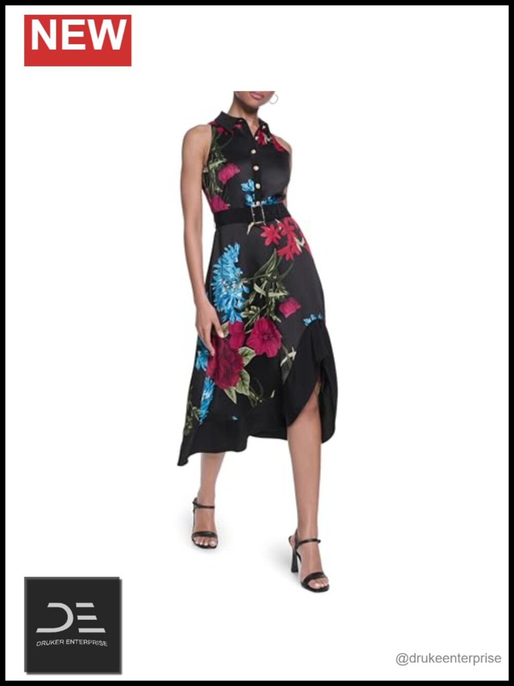 Sleeveless Crew Neck Printed Satin Faced Crepe Midi Dress